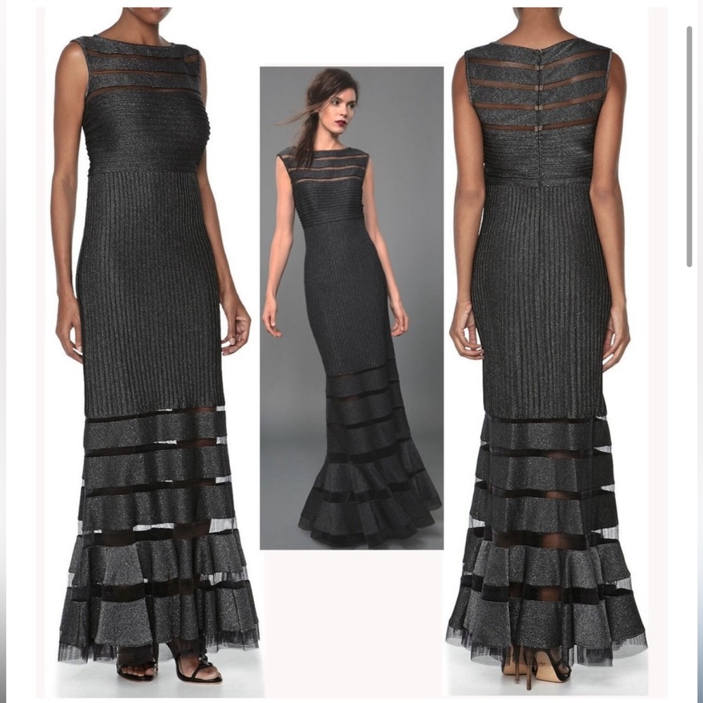 Tadashi shoji black layered evening gown